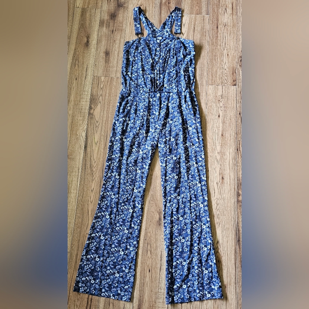 French connection blue floral lightweight overalls